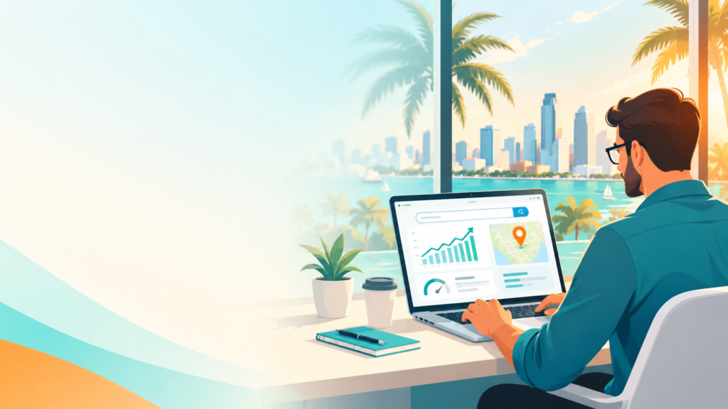Florida business owner reviewing website analytics and SEO performance on a laptop
